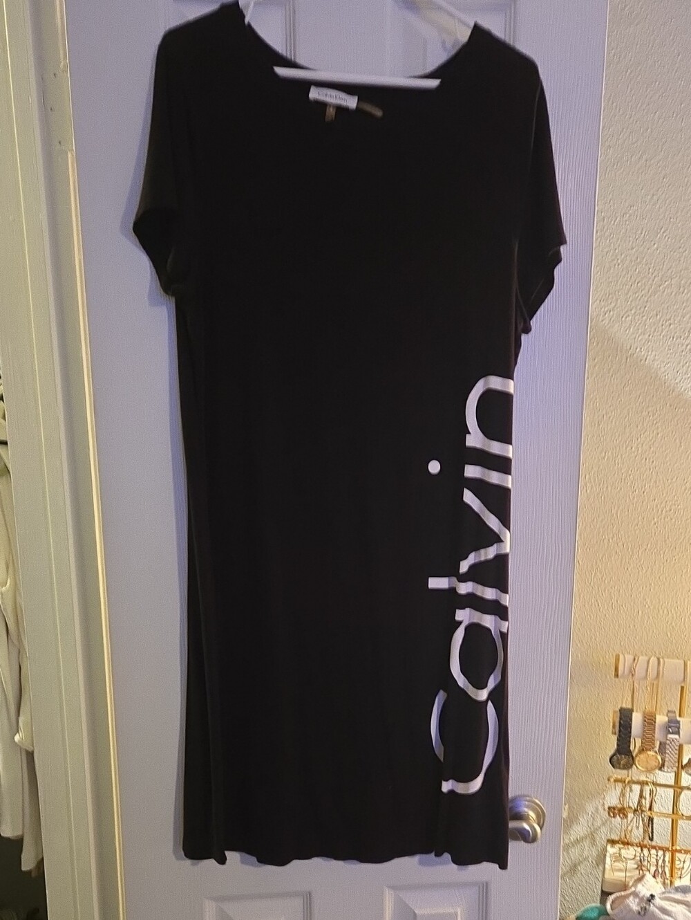 Calvin Klein Black Midi Dress with White Vertical Logo